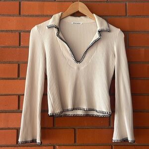 REFORMATION Women's Ivory Black Long Sleeve Cropped Top Size Small